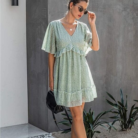 NWT KIRUNDO Womens Ruffle Flowy Swing Dress Short Sleeve V Neck Loose Fit - Picture 2 of 6